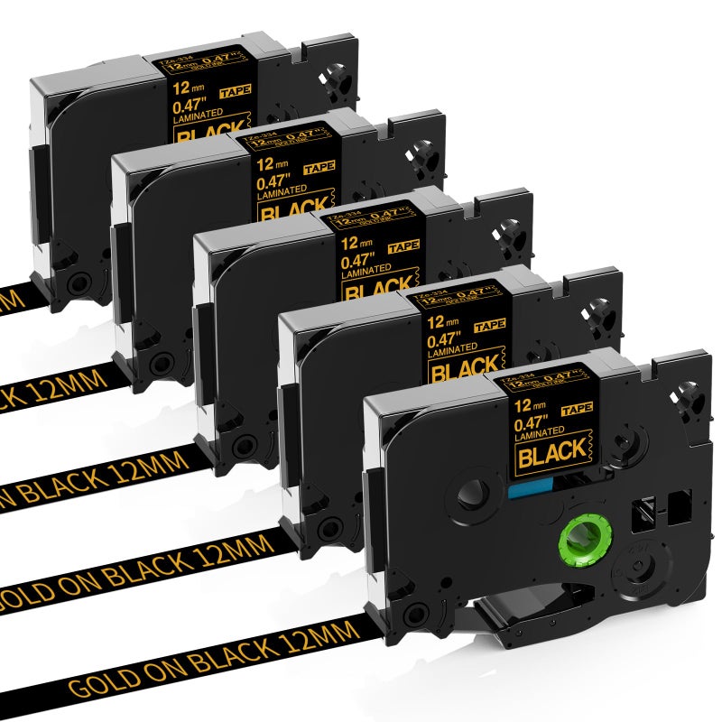 GreaTeam Replace for P-Touch Label Tape Black Compatible with Brother Label Maker Tape Gold on Black Tape 12mm 0.47"" TZe-334 for Brother Label Maker PT-D220 PT-H110 PT-D210 PT-D400 PT-P710BT PT-D200  5-Pack - Image 1